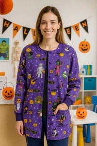 Simply Basic XL Halloween Mummy & Pumpkin Button-Front Medical Scrub Jacket - Picture 1 of 8