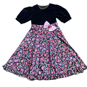 Peaches ‘n Cream Dress Girl’s Size 14 Floral Crushed Velvet Puff Sleeve Vintage - Picture 1 of 11