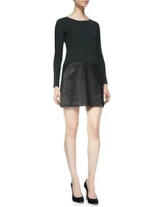 UK 10 Topshop Jersey & Real Leather 2 in 1 A-Line Mini Skater Dress Black Grey - Picture 1 of 9