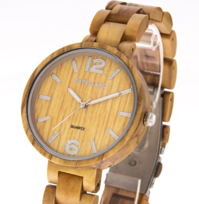 Excellanc Holzuhr Damenuhr Olivenholz Holzarmband Holzboden 38mm Durchmesser - Bild 1 von 3