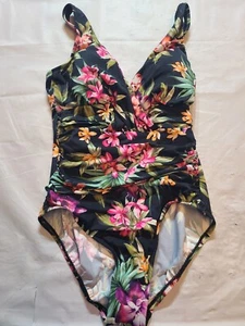 Women's UPF 50 V-Neck Ruched One Piece Swimsuit Shape Style Aqua Green Size 10 - Picture 1 of 6
