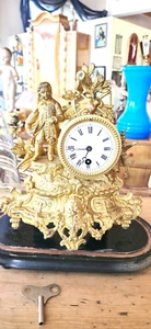 Kaminuhr Messing mit Glassturz vergoldet läuft um 1860 Top, Pendel LÄUFT - Bild 1 von 10
