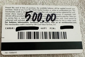 World Market Gift Card value $500 Buy It Now $475 - Great Deal! FAST SHIP! - Picture 1 of 2