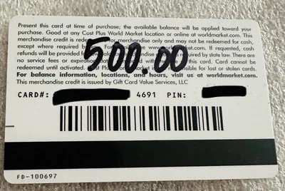 World Market  Gift Card  value $500 Buy It Now $475 - Great Deal! FAST SHIP! - Image 1 of 2