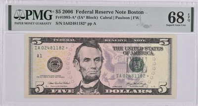 PMG Superb Gem Unc 68 EPQ $5 2006 US FRN STAR Fr#1993-A* *1528 - Image 1 of 3
