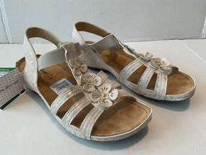 NEW! Women's Sandals US Size 9 FLEXUS Spring Step Gold Metallic Flower Open Toe - Picture 1 of 4