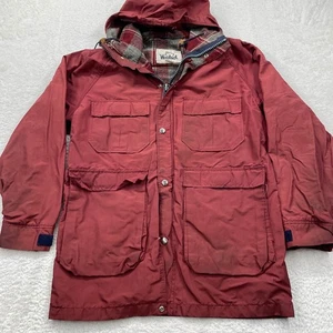Vintage Woolrich Hooded Jacket Mens Small Red Plaid Lined Barn Chore Coat - Picture 1 of 10