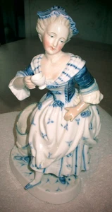 Antique German Blue & White Lady by Barrel Figurine - Picture 1 of 9