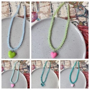 Candy Color Dopamine Heart Pendant Necklace Beads Neck Chain For Girl - Picture 1 of 12