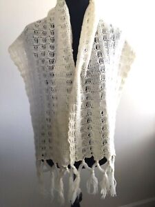 Vintage 1940s White Crocheted Shawl 72" Long with 6" Fringe Each Side 18" Wide