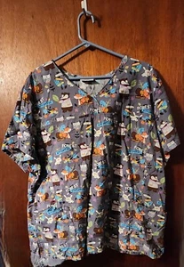 grey Scrubstar Forest Adventure fox rabbit bear owl women 3x scrub top EUC - Picture 1 of 2