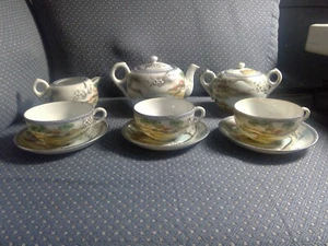 Antiguo juego de té nipón anterior a 1904 con paisaje asiático con pintura elevada - Imagen 1 de 12