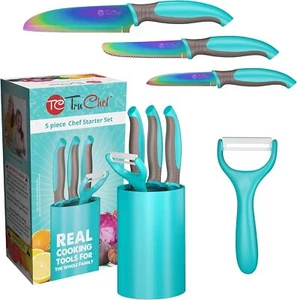 5 Piece Kids Cooking Set - Knives, Peeler, Serrated Knife and Holder in Aqua - Picture 1 of 7