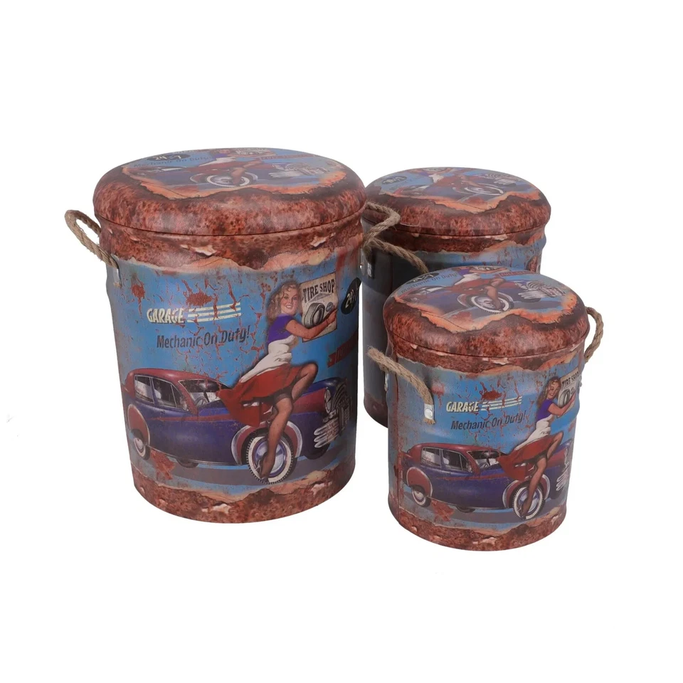 Pouf De Metal Industrial Efecto Vintage Bidón Contenedor 3 Pz Garaje - Imagen 1 de 4