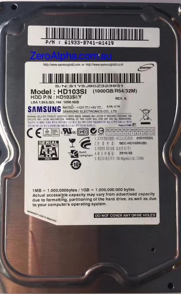 HD103SI Samsung Donor Hard Drive, PN: 61933B741A1419, 1AG01118 - Image 1 of 1