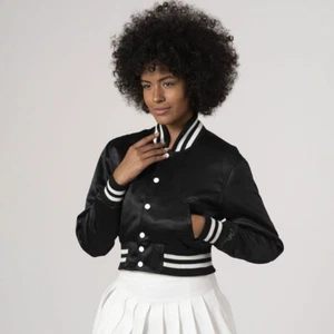 Women’s Black Satin Letterman Croptop Jacket – Trendy College Style – Baseball - Picture 1 of 6