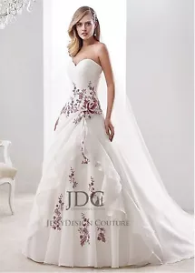 Organza Brautkleid Hochzeitskleid Weinrot Rot Spitzenstickerei Weiß Ivory n.Maß - Bild 1 von 5