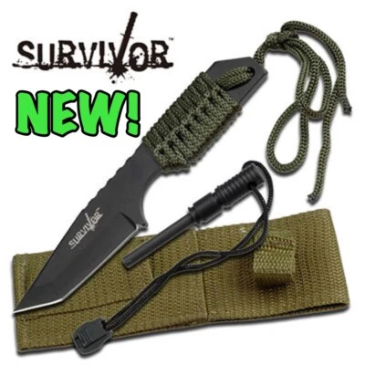 NEW Survivor 7” Fixed Blade Paracord Knife + Sheath & Fire Starter BLACK GREEN - Image 1 of 4