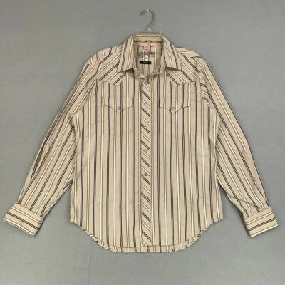 Vintage Guess Shirt Mens Large Beige Striped Stretch Diamond Snap Western 90s - Image 1 of 4
