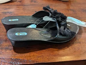OKA-B Isabella Licorice Size L 10/11 Black Frayed Satin Bow Slides Sandals NEW! - Picture 1 of 7