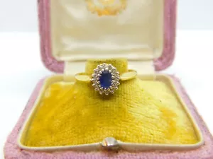 18ct Yellow Gold, Blue Sapphire & Diamond Floral Cluster Ring Vintage Birmingham - Picture 1 of 8