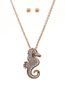 SEAHORSE Clear Druzy Sea Horse Yellow Gold Plated Necklace & Earring Set - Picture 1 of 1
