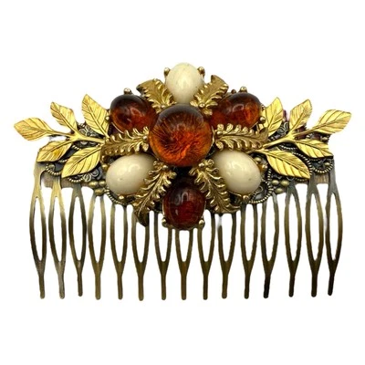 Bridal Hair Comb Amber Ivory Leaf  Fall Wedding Boho Vintage Gold Accessory - Image 1 of 4