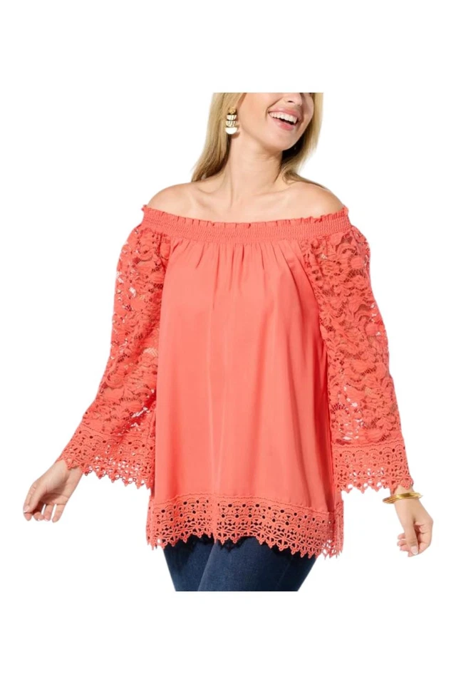 Top Colleen Lopez Hombro Calado con Detalle de Encaje Coral Salida del Sol Foto 1 de 1