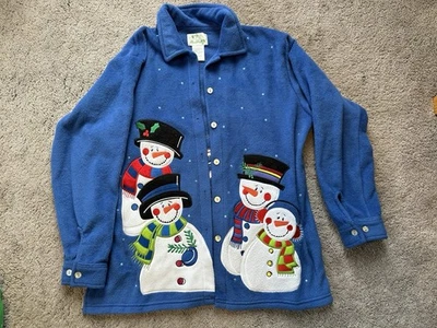 The Quacker Factory Sz L Cardigan Jacket Blue Winter Holiday Snowman Fleece - Image 1 of 4