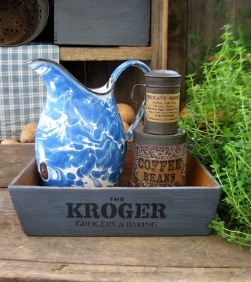 Antique Wood Box w Canted Sides Blue Milk Paint Kroeger Stencil - Image 1 of 4