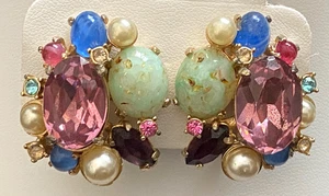 Vtg 1958 Hollycraft Multi-color Pastel Fruit Salad Rhinestones Clip-on Earrings - Picture 1 of 12