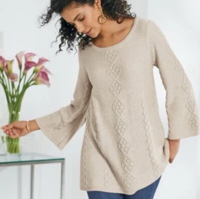 Suéter Soft Surroundings Mujer Talla L Crema Algodón Seda Cachemira Pescador Tejido Foto 1 de 4