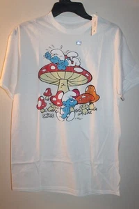 The Smurfs Men's Tee New Short Sleeve T-Shirt - Smurf Mushrooms - White - Picture 1 of 7