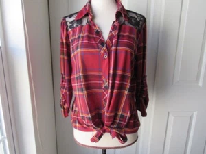Size: XL Juniors BONGO Red Plaid Top Button-Up Front Tie Lace Back  - Picture 1 of 12