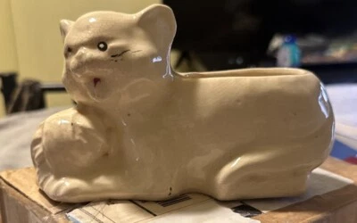 Vintage McCoy Pottery Pale Yellow Cat Planter w/ Ball of Yarn USA 348A Ceramic - Image 1 of 3