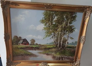 Oil Paintings On Canvas Pond With Farm Building With Painter"s Signature UK - Picture 1 of 12