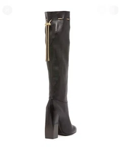 LANVIN Black Leather Knee High Chain Stacked Heel Boot 38.5 - Picture 1 of 8