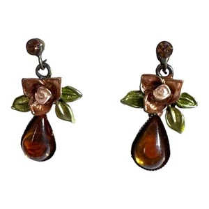 Vtg Floral Enamel Drop Earrings Amber Teardrop Rose Antique Bronze Finish READ - Picture 1 of 5