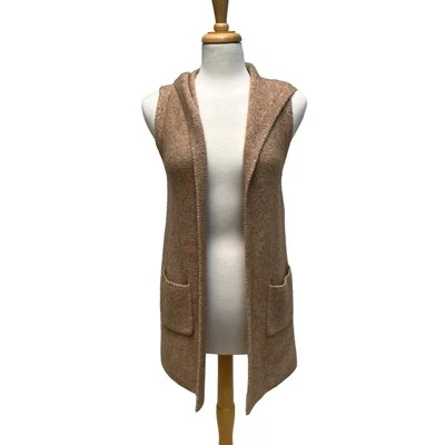 Tahari Cardigan 背心 XS 羊毛混纺开放式毛衣棕褐色口袋连帽极简主义 — 第 1/4 张图片