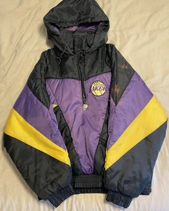 Vintage NBA Lakers 90s Pro Player Half Zip Hooded Jacket Size L See Damaged - Picture 1 of 14