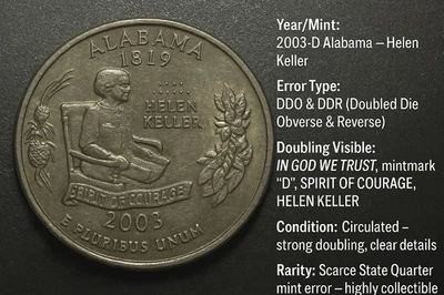 2003-D Alabama Helen Keller Quarter – Rare DDO DDR Doubled Die Error - Image 1 of 4