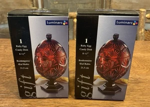 Two (2) Vtg Luminarc Ruby Red Glass Egg Shaped Candy Dish NEW IN BOX Matching Pr - Picture 1 of 5