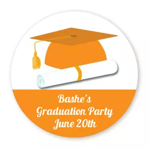 Orange Graduation Cap Diploma - Personalized Graduation Round Sticker Labels - Picture 1 of 5