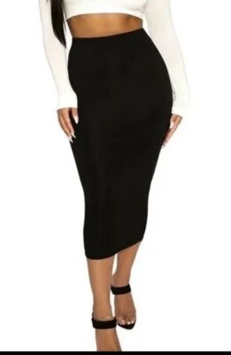 Naked Wardrobe Black Stretch Midi Skirt Stretch Bodycon Size Small  EUC WOMEN Foto 1 de 4