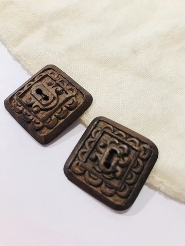 Antique Handmade Embossed Wooden Germany Buttons Set of 2 Cover