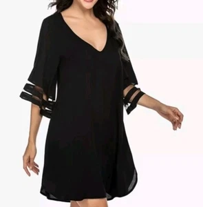 nwt Ekouaer beach coverup dress with V-neckline and 3/4 flared sleeves black S - Picture 1 of 12