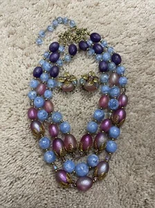 Vintage DEAUVILLE 3-Strand Bead Choker Necklace/Clip-On Earrings Pink/Blue/Gold - Picture 1 of 10