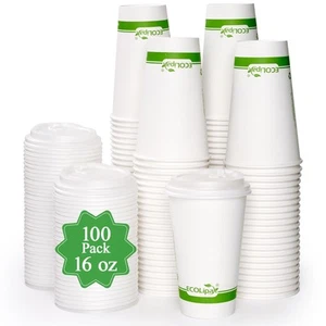 100 Count 16 oz Compostable Paper Coffee Cups, Biodegradable Disposable Coffe... - Picture 1 of 7