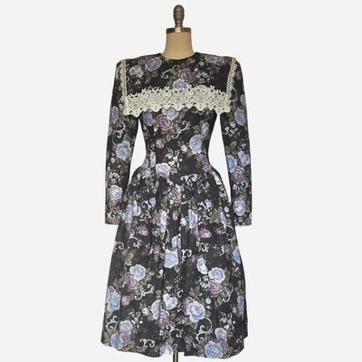 Gunne Sax 1980s Victorian Revival Floral Midi Dress in Black Floral Basque Waist - Image 1 of 4