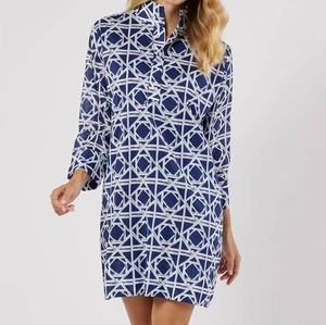 Jude Connally Helen Long Sleeve Dress Bamboo Rattan Navy White - Picture 1 of 16